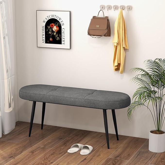 Giantex 47 inch Entryway Bench - End of Bed Bench, Upholstered Bench for Bedroom with Metal Legs, Padded Seat, Long Ottoman for Dining Room, Living Room, Bedroom, Hallway (Gray)