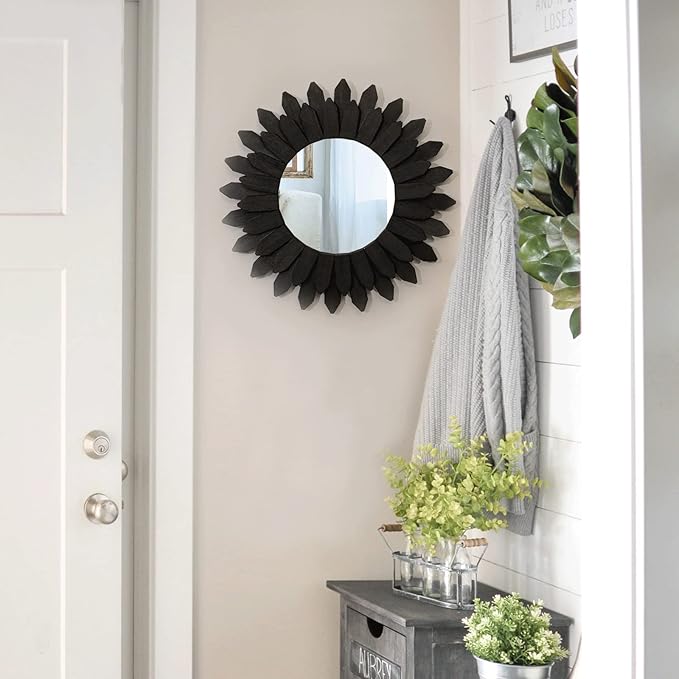 Honiway Black Wall Decor Wall Mirror 12 inch Boho Wall Decor Wood Decorative Mirror for Room Decor Home Decor for Bedroom Living Room Bathroom Kitchen Black