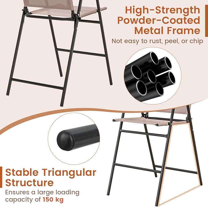 COSTWAY Outdoor Folding Bar Chairs Set of 2, 24 Inch Counter Height High Top Chairs with Metal Frame, Armrest & Footrest, Patio Barstools for Balcony, Poolside, Backyard, Beige