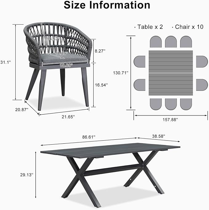PURPLE LEAF 12 Pieces Outdoor Dining Set All-Weather PE Rattan Outdoor Patio Furniture Set with All Aluminum Frame Rectangular Table and Chairs Set for Lawn Garden Backyard Deck, Grey