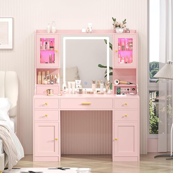 Vanity Desk with Mirror and Lights, Makeup Vanity Table with Power Outlet, Dressing Vanity Table Set with 6 Drawers & 4 Cabinets, 3 Color Modes & Brightness Adjusted, for Bedroom Room, Pink