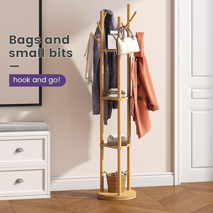 Rotating Coat Rack, Freestanding Coat Rack with 3 Shelves and 9 Hooks Clothes Organizer Coat tree for Bedroom, Entryway, Livingroom (Natural)