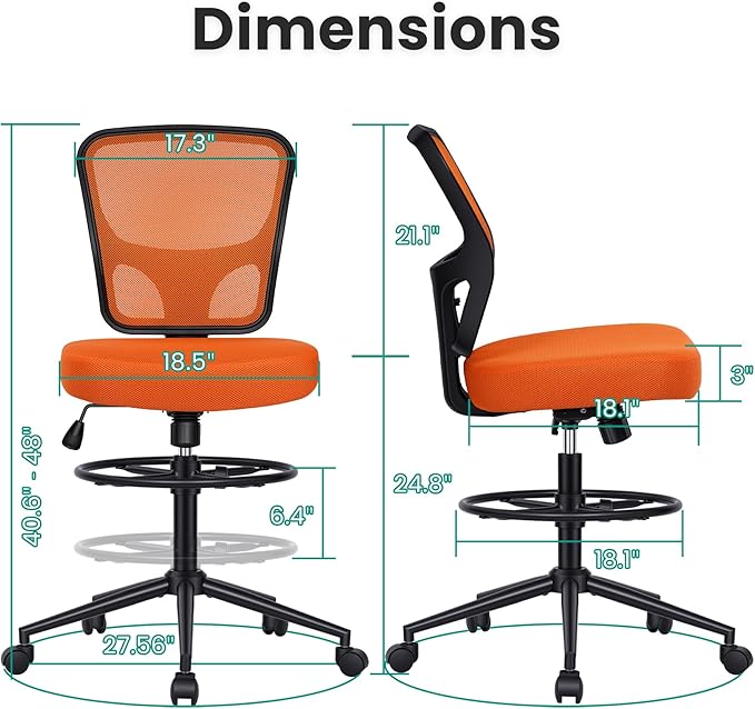 Armless Drafting Chair Tall Office Chair for Standing Desk - Adjustable Height Mesh Ergonomic Drafting Stool with Foot Ring & Wheels, Rolling Counter Height Computer Chair for Home Office