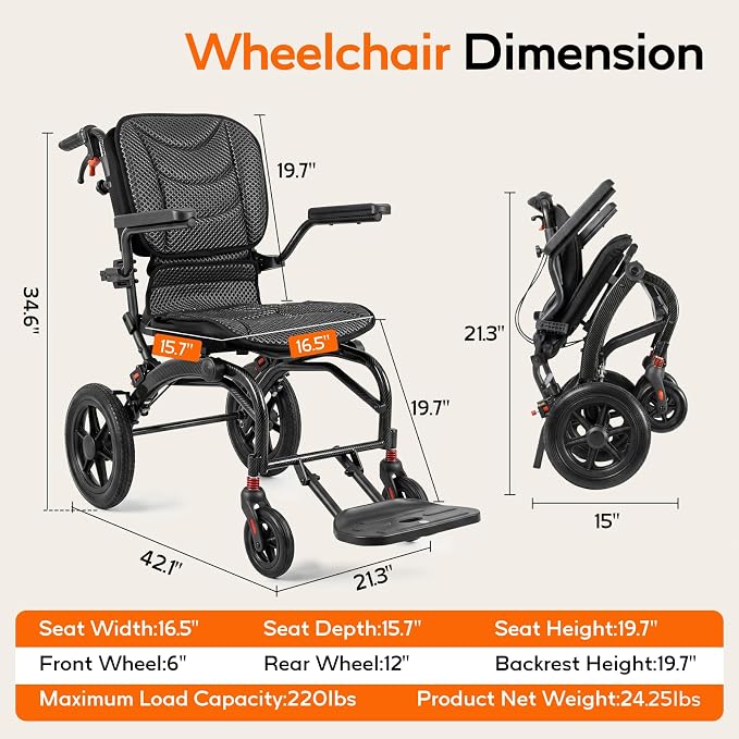 SOFTFISH Transport Wheelchair with Ergonomic Design & Pull Rod, Wheelchairs for Adults with Adjustable Push Handles & Footrests, 12” Rear Wheels, Flip-Back Armrests, Carbon Fiber Aluminum Frame