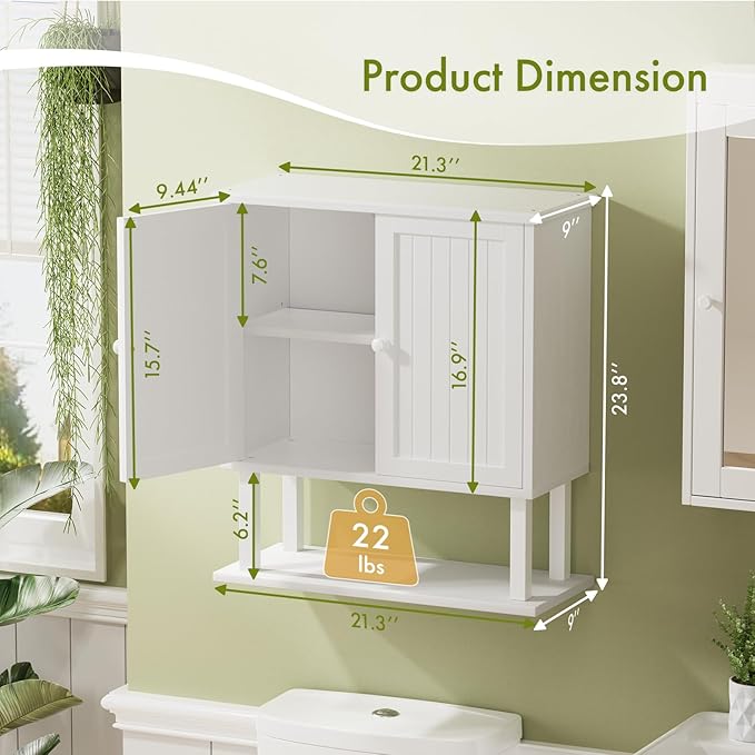 AmazerBath Bathroom Wall Cabinets, Bamboo Over The Toilet Storage Cabinet with Adjustable Shelves, Large Wall Mounted Medicine Cabinets with 2 Doors for Small Spaces, White, 9" D x 21.3" W x 23.8" H