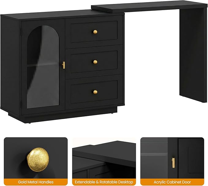 RoyalCraft 59" Makeup Vanity Desk, Black Vanity Dresser, L Shaped Corner Vanity Table with 3 Drawer & 1 Door, Modern Extendable Dressing Table for Bedroom, Dressing Room, Small Space (Without Mirror)