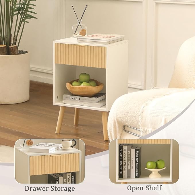 Fultyle Nightstand, Modern Bedside Table with Drawer and Open Shelf, Fluted Night Stand with Solid Wood Legs for Bedroom, Living Room, Office (White Oak)