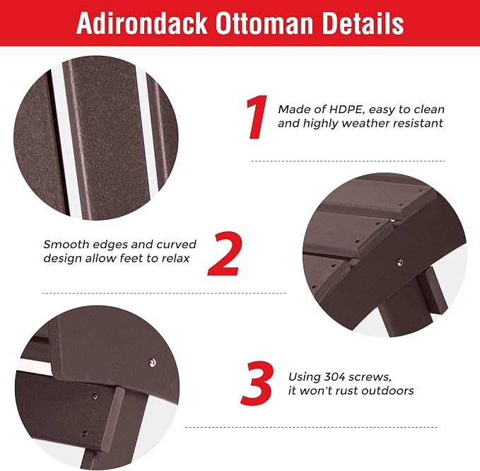 Costaelm Adirondack Chair Footrest, Patio Footstool, Ottoman Outdoor Foot Rest for Patio Waterproof, Adirondack Ottoman Patio Footstool, Dark Brown