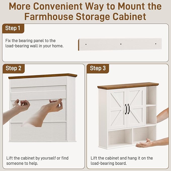 Bathroom Wall Cabinet, Farmhouse Medicine Cabinet with Double Barn Door and Adjustable Wood Shelf, Over The Toilet Storage Cabinet for Wall Mounted for Bathroom Laundry Room Kitchen (White and Brown)