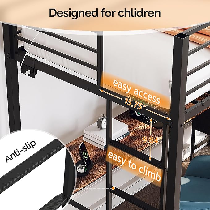 VINGLI Full Loft Bed 15 Inch Extra Tall Safety Guardrail, 7 Drawers Dresser, and Flat Rungs, LED High Double Sleeper with 2 Charging Stations,and Desk, Heavy Duty Space Saving Bed, Black
