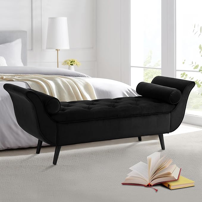 Storage Bench for Bedroom End of Bed, 65" Velvet Upholstered Rolled Armed Button Tufted Stool Bench, Storage Ottoman Long Bench with with 2 Pillows for Entryway (Black)