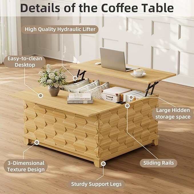 BROTTAR Lift Top Coffee Table, 31.5'' Square Coffee Table with with Storage, Farmhouse Coffee Tables with Hidden Storage, Center Table with Embossed Texture for Living Room, Home Office, Natural