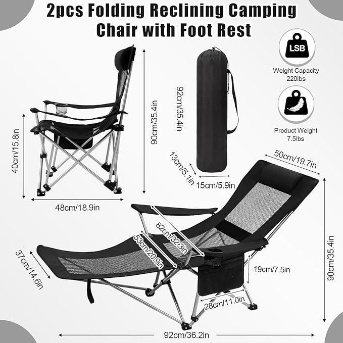 Colingmill 2 Pcs 2 in 1 Reclining Camping Chair with Footrest for Adults Folding Lounger Mesh Beach Chair Adjustable Backrest Lightweight Lawn Chairs for Camping Tailgates Outdoor Beach(Black)