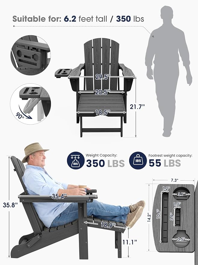 KINGYES Adjustable Folding Adirondack Chair with Footrest & 4-in-1 Multi-Functional Armrest Organizer Set of 4, HDPE Foldable Recliner Adirondack Chair with Pull-Out Ottoman, Grey