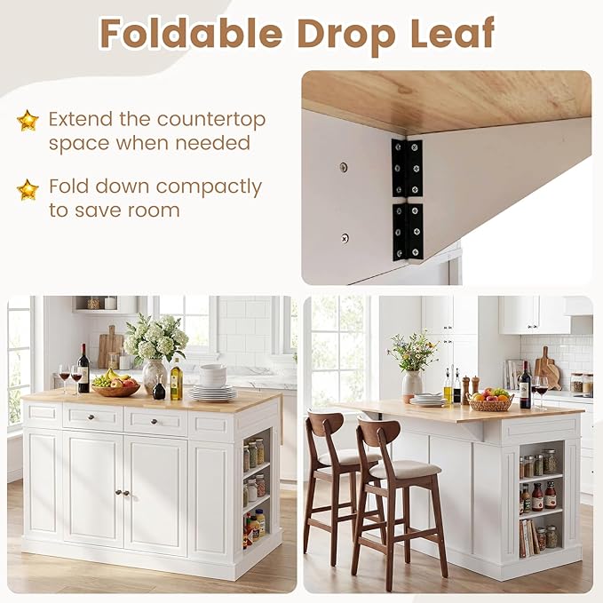 Giantex Kitchen Island with Storage & Drop Leaf, 48" Stationary Island Table with Rubber Wood Top, 2 Drawers, Cabinet, Adjustable Shelf, Butcher Block Island for Living Dining Room, Bar (White)