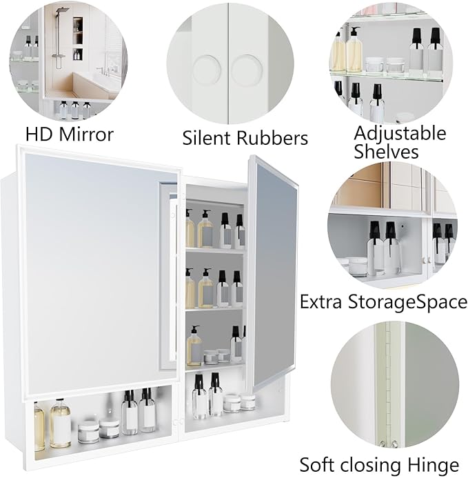 32x26 Inch Bathroom Medicine Cabinet with Mirror, Double Door Wall Mounted Storage with Extra Drawers, Bevel Edge Mirror, Adjustable Shelves, for Recessed or Surface Mount Installation