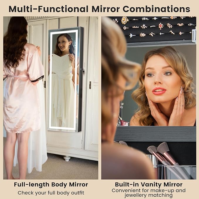 CHARMAID LED Mirror Jewelry Cabinet, 47.2'' Jewelry Armoire with Adjustable Lighted Full Length Mirror, Wall Mounted or Door Hanging, Lockable Jewelry Organizer Storage (Black, 47.2''H)