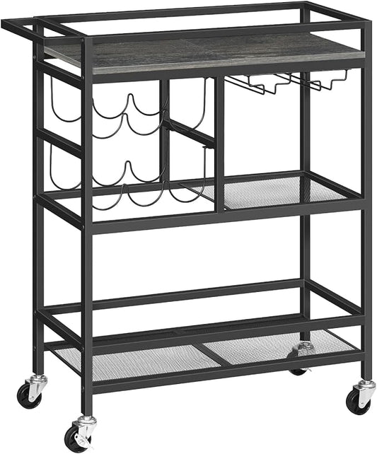 MAHANCRIS Bar Cart for Home, 3-Tier Serving Cart with Wheels and Handle, Beverage Cart with Wine Rack and Glass Holders, Rolling Wine Cart for Kitchen, Dining Room, Charcoal Gray and Black RCHT6101
