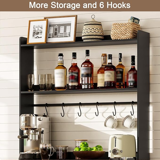 ChooChoo Farmhouse Coffee Bar Cabinet with Storage, Bakers Rack with Power Outlets, Microwave Stand Kitchen Cabinet with Hutch and 6 Hooks, Black