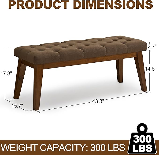 WUTUTUEE 43.5'' Linen Bedroom Bench, Upholstered End of Bed Bench with Tufted Button, Padded Vintage Dining Bench, Entryway Bench with Solid Wood Legs, Kitchen, Living Room, Hallway, Brown Tufted