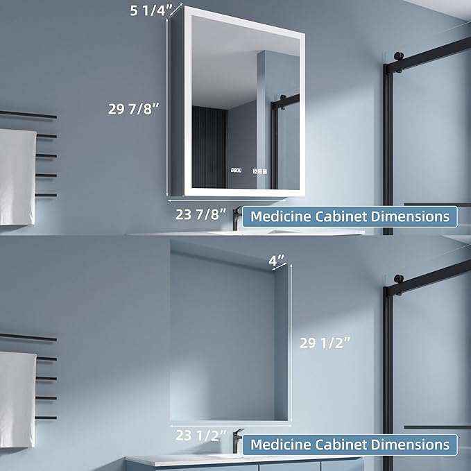 LED Medicine Cabinet Mirror with Lights, 24x30 Inch Bathroom Storage, Recessed/Wall Mount, Plug-in/Hardwired, 3 Color Dimmable Light, Anti-Fog, Time Temp Display, Right Hinge