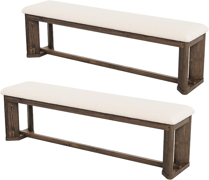 LITTLE TREE 63" Upholstered Bench, Solid Wood Entryway Shoe Bench with Cushion, Long Modern Farmhouse End of Bed Bench with Antique Brown Legs & Faux Lamb Fur Seat for Bedroom 2 PCS