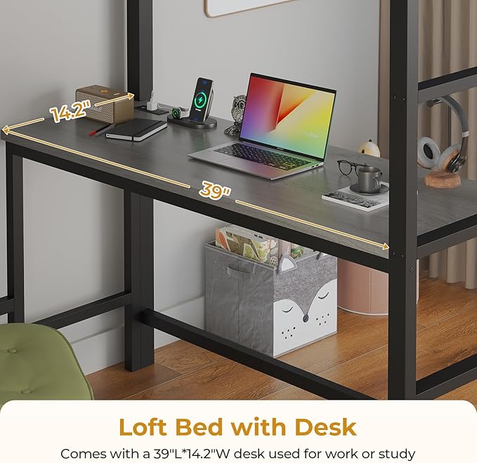 ADORNEVE Twin Size Loft Bed with Desk and 8 Storage Drawers, Metal Loft Bed Twin with LED Lights & Charging Sation, Storage Shelves, 13.1" H Safety Guard & Ladder, No Box Spring Needed, Grey