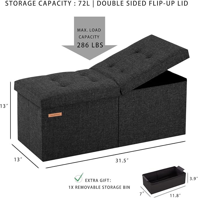 HAUSFRAU 31.5 Inches Ottoman with Storage Bench, Folding Ottoman Bench Small Foot Rest Stool, Bedroom Bench with Flipping Lid, Linen Kaki
