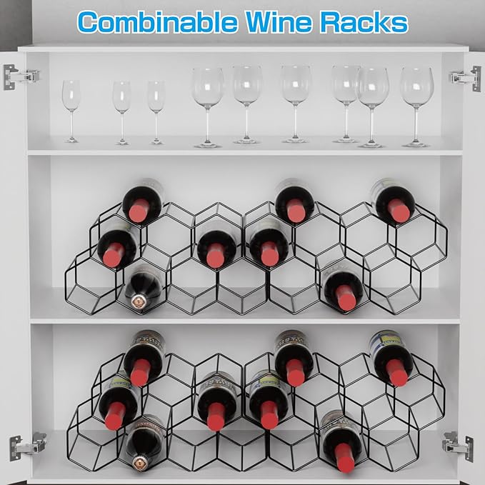 Buruis 9-Bottle Countertop Wine Rack, Honeycomb Metal Wine Holder for Red & White Wines, Standing Bottle Organizer for Home, Kitchen, or Bar, Black