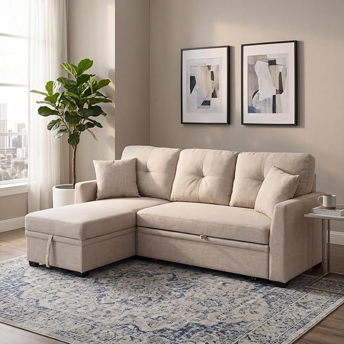 Convertible Sofa Bed, L Shape Sleeper Sofa with Reversible Storage Chaise, Tufted Fabric Sectional Sleeper Sofa with Pull Out Bed for Small Space, Living Room, Apartment, Almond