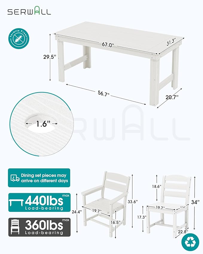 SERWALL Outdoor Dining Table Set, 67‘’ HDPE Patio Dining Set for 6, All-Weather Outdoor Table and Armless Chairs Set for Deck, White