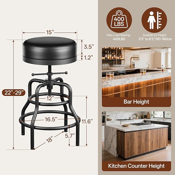 Raynesys Adjustable Height Swivel Bar Stool, 22-29 Inch Industrial Vintage Bar Counter Height Stool with Thicken Premium Bonded Leather Seat & Updated Footrest, Easy Assembly, Black