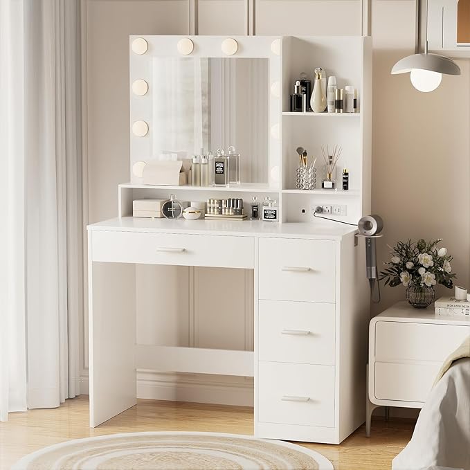 YESHOMY 39" Vanity Desk with Mirror & Lights, Makeup Vanity Table with Power Outlet & Storage Drawers, 3 Color LED Lighting, Dressing Table for Bedroom, White