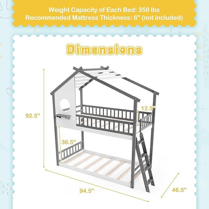 Giantex Bunk Bed Twin Over Twin, Solid Wood Floor Bunk Bed with Ladder & Full-Length Guardrails, House Shaped Bunk Beds for Kids, Girls, Boys, Dormitory and Bedroom, No Box Spring Needed