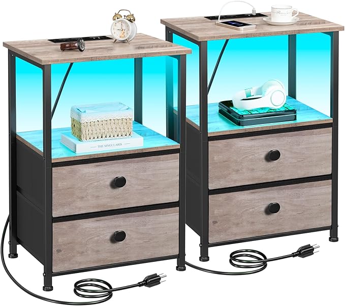 LOAKEKEL Night Stand Set 2, LED Nightstand with Charging Station, End Tables with Storage Shelf, Bedside Table with 2 Fabric Drawers for Bedroom, Small Spaces, Grey HETS02PGY