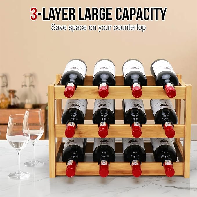 Bamboo Wine Rack, 3-Tier 12 Bottles Wine Storage Cabinet Shelf, Easy-Assembly Freestanding Bamboo Wine Racks Countertop for Kitchen Pantry Dining Room Bar, Natural