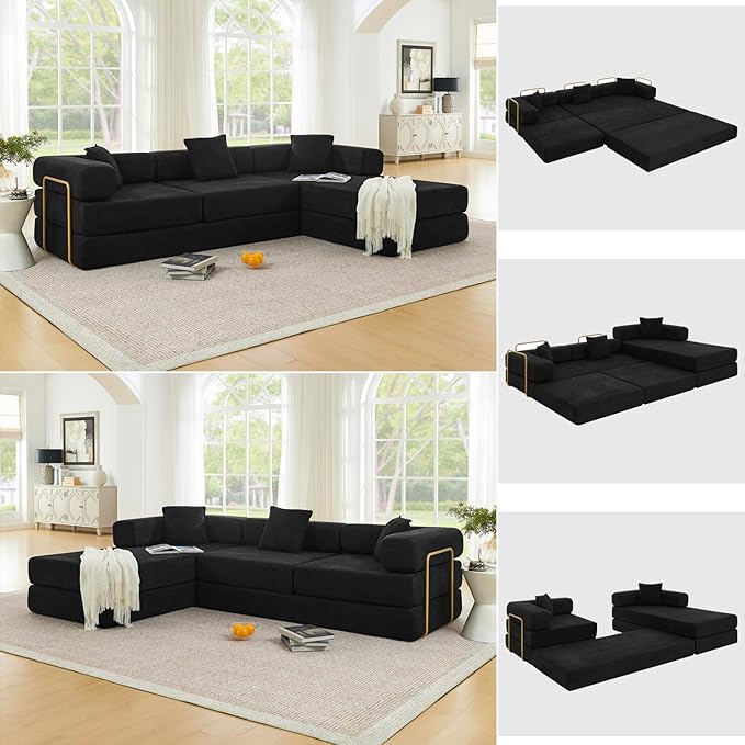 HANXIN 108" Modular Sectional Sofa,Futon Convertible Sofa Bed,Oversized Corduroy Boneless Couch for Living Room,Floor Loveseat Sleeper with Pull Out Bed,Free Combination,No Assembly Required (Black)