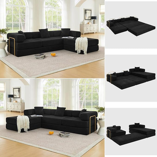 HANXIN 108" Modular Sectional Sofa,Futon Convertible Sofa Bed,Oversized Corduroy Boneless Couch for Living Room,Floor Loveseat Sleeper with Pull Out Bed,Free Combination,No Assembly Required (Black)