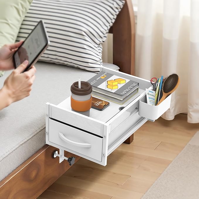 2 Tier Bedside Shelf for Dorm Bunk Bed, Under Mattress Bedside Shelf Clip On Nightstand with Fabric Drawer, Bed Side Table Tray Organizer, Bedside Tray with Cable Management, Back to School (white)