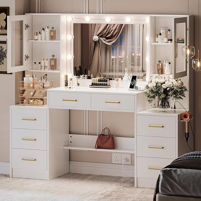 TOKSOM 58.3”Vanity Desk with Mirror and Charging Station, Bedroom Dressing Table, Large Vanity Set, 8 Drawers and 2 Cabinets, Makeup Vanity Table with Charging Station, Without Lights