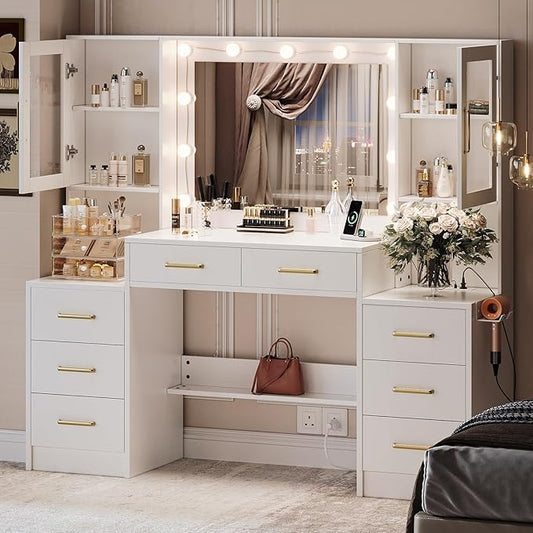 TOKSOM 58.3”Vanity Desk with Mirror and Charging Station, Bedroom Dressing Table, Large Vanity Set, 8 Drawers and 2 Cabinets, Makeup Vanity Table with Charging Station, Without Lights