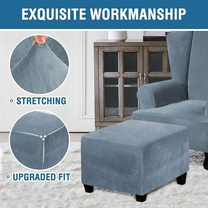H.VERSAILTEX Square Ottoman Covers Ottoman Slipcover Square Footstool Protector Covers Storage Stool Ottoman Covers Stretch with Elastic Bottom, Feature Real Velvet Plush Fabric, Stone Blue