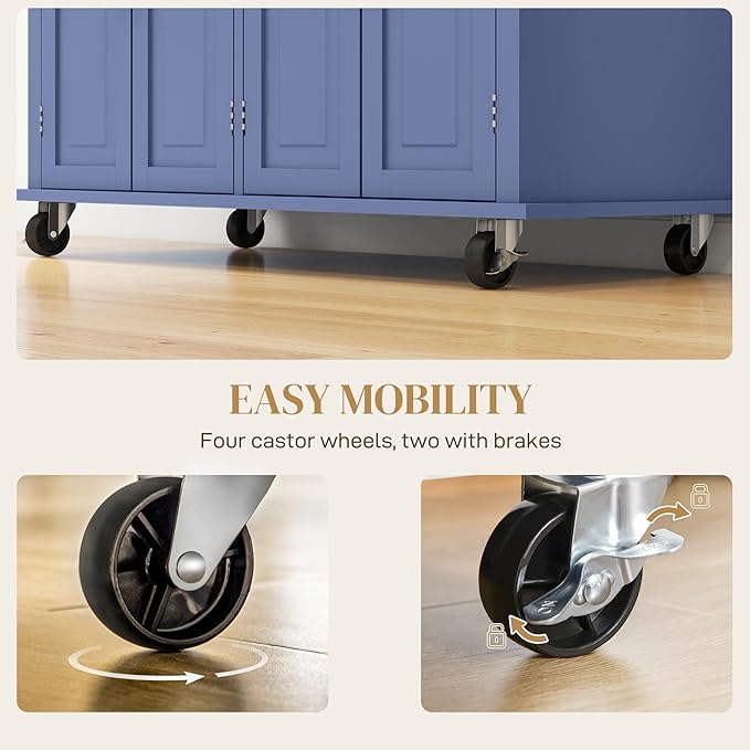 HOMCOM Kitchen Island Cart with Solid Wood Top, 44" Mobile Kitchen Island Table on Wheels with Storage Cabinets, 2 Drawers, Adjustable Shelves, Spice Rack & Towel Bar for Dining Room, Navy Blue