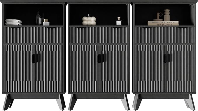 Fatmok Buffet Cabinet with Storage Set od 3, 40" Modern Fluted Coffee Bar Cabinet with Drawer & Open Shelf, Wood Buffet Sideboard Console Table for Entryway, Kitchen, Living Room (Black)