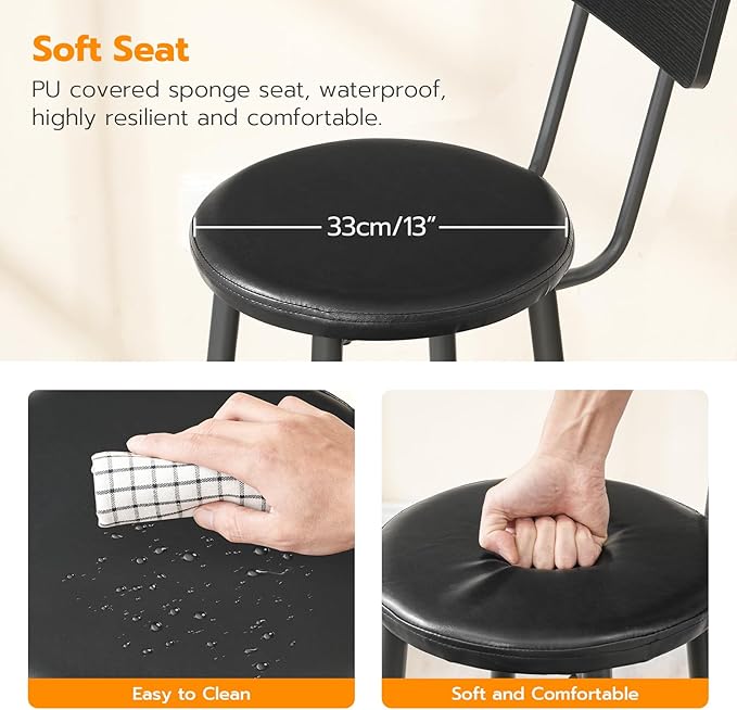 HOOBRO Bar Stools, Set of 2 Bar Stools with PU Upholstered, Bar Chairs with Footrest and Back, 26" Bar Stools for Kitchen Island, Dining Room, Easy to Assemble, Black BK31BY01G2