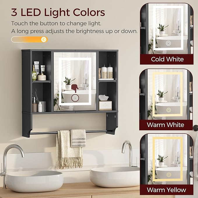 MAHANCRIS Bathroom Wall Cabinet with Mirror, Wall Mounted Medicine Cabinet with Color Adjustment LED Lights, Mirrored Over The Toilet Storage Cabinet with Adjustable Shelves, 23.6''W x 21.6''H, Black