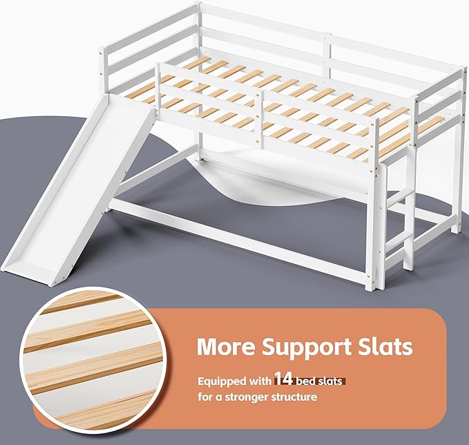 TOLEAD OLEAD Low Bunk Bed with Slide, Floor Loft Bed with Climbing Ladder, Wood Twin Bunk Bed Frame with Full Guardrails & Storage Space for Kids Toddler
