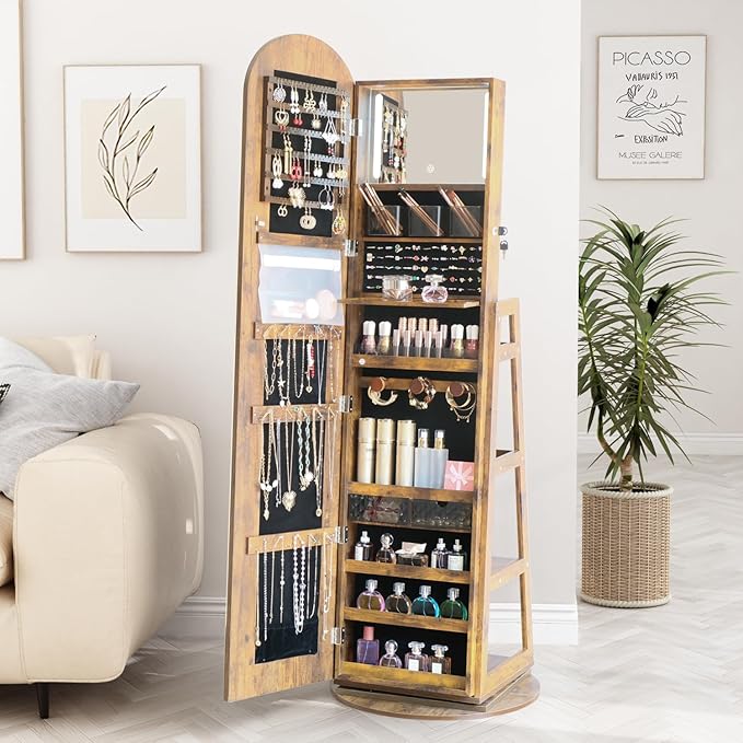 Arched Mirror Jewelry Armoire,3 Color LED Swivel Jewelry Storage Cabinet Interior LED Lights,Full Length Mirror Floor Standing Jewelry Organizer with Storage Shelves (Rustic Brown)