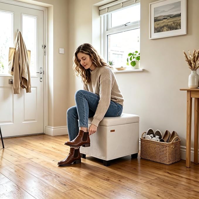 ABHENG Velvet Cover Steel Frame Ottoman with 48L Storage,17.7" x 17.7" x 17.7" Square Linen Storage Ottoman Stool Cube with Legs,for Dorm Livingroom White UASND64W