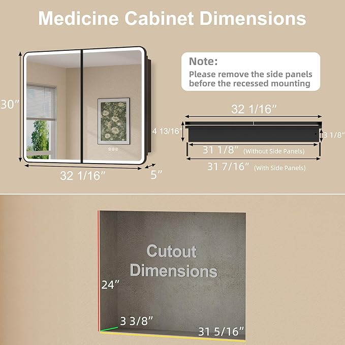 32 x 30 Inch Recessed Medicine Cabinet Mirror with Lights, Wall Mounted LED Bathroom Mirror Cabinet, Dimmable, Anti-Fog, Memory Function, 3 Color Modes, Adjustable Shelf, ETL Certified, Black